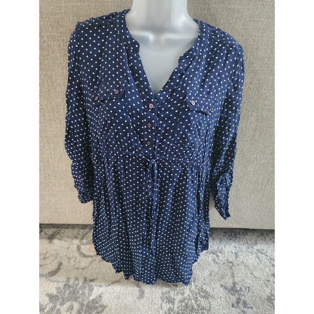 Motherhood Maternity Blouse Women's Size Medium Navy Blue Polka Dot Tie Waist